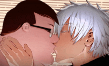 a man with glasses kissing another man with white hair