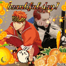 a picture of two anime characters with the words beautiful day in the upper right corner