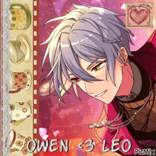 a drawing of owen < 3 leo with a red background