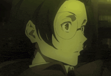 a close up of a person 's face with glasses and short hair