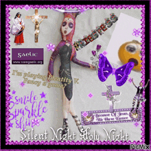 a picture of a doll with the words " silent night holy night " on the bottom