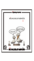 a cartoon of two seagulls saying moin
