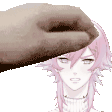 a hand is touching a girl 's head with a pink haired anime character .