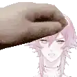 a hand is touching a girl 's head with a pink haired anime character .