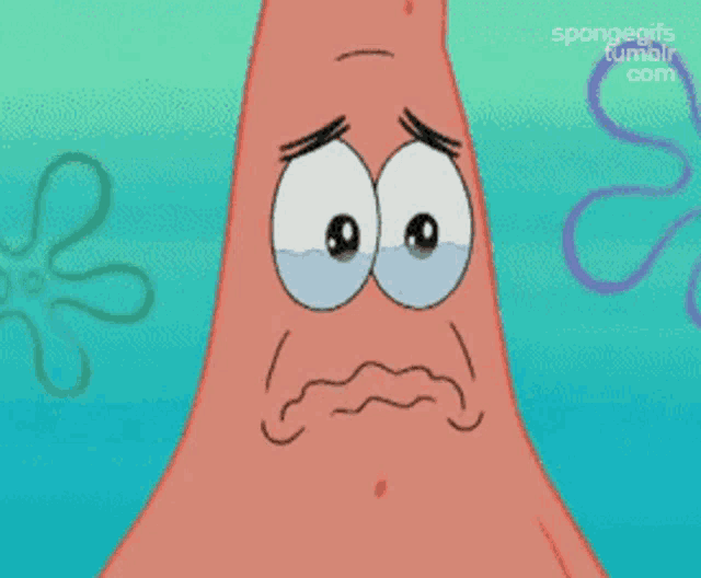 a cartoon of patrick star with tears running down his eyes