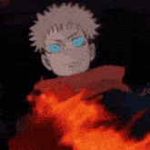 a cartoon character with blue eyes is surrounded by fire