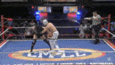 two wrestlers are fighting in a ring with the word lmll on the floor