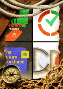 a compass sits next to a piece of paper that says the future workforce podcast