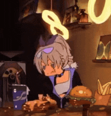 a cartoon character is sitting at a table with a hamburger and a cup of soda