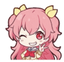 a cartoon girl with pink hair and red eyes is smiling .