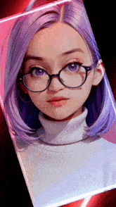 a drawing of a girl with purple hair and glasses