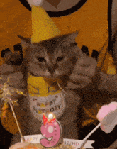 a cat wearing a birthday hat is eating a cake