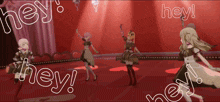 a group of anime girls are dancing on a stage with the words hey surrounding them