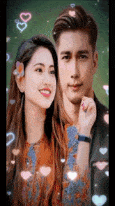 a man and a woman are standing next to each other with hearts surrounding them