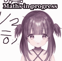 a picture of a girl with purple hair and the words maths in progress above her