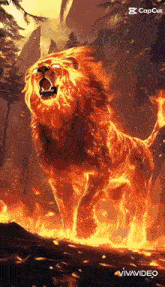 a lion made of fire is standing on a rock in the woods .
