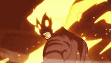 a cartoon character is surrounded by flames and a huge fireball .