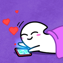 a cartoon drawing of a ghost laying under a pink blanket looking at a cell phone