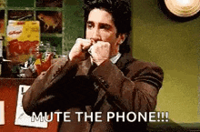 a man in a suit is holding a cell phone in his hands and says `` mute the phone '' .
