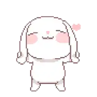 a pixel art drawing of a white rabbit with pink cheeks and a pink heart behind it .