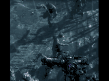 a group of people are walking in the rain in a video game scene