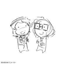two cartoon characters are standing next to each other and smiling .