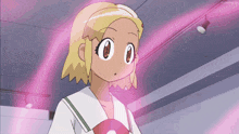 a girl in a school uniform is surrounded by pink lightning