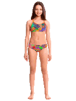 a young girl in a bikini with a geometric pattern on it