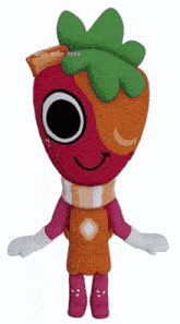 a stuffed strawberry with a flower on her head and the words made with sika on the bottom