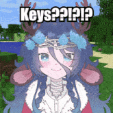 a girl with antlers and flowers in her hair has the word keys above her
