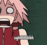 a cartoon of a girl with a surprised look on her face and the words sigh written below her