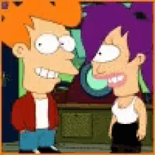 a cartoon of a man and a woman standing next to each other and smiling .