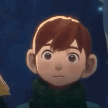 a close up of a cartoon boy peeking out from behind a blue wall .