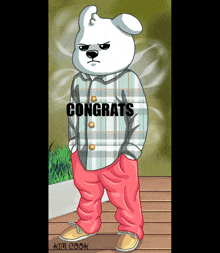 a cartoon bear wearing a plaid shirt and pink pants has the word congrats on his shirt