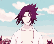 a person with purple hair and a white shirt