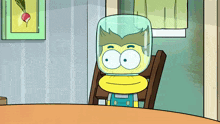 a cartoon character sitting at a table with a jar on his head