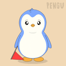 a blue and white penguin holding a red flag with the word pengu on the bottom