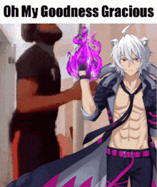 a man holding a purple object with the words oh my goodness gracious