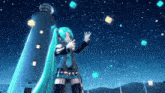 hatsune miku is standing in front of a lighthouse with a microphone in her hand