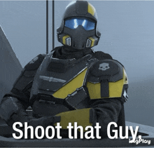 a picture of a soldier with the words shoot that guy behind him