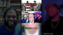 a man wearing sunglasses and a hat is talking on a video call with a group of people .