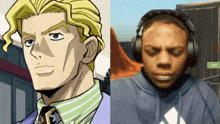 a man wearing headphones next to a picture of a cartoon character