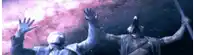 a couple of people standing next to each other with their arms outstretched in the air .