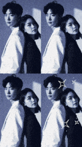 a man and a woman standing back to back with their backs against each other