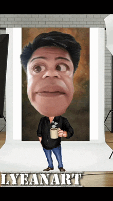 a caricature of a man holding a cup of coffee with the name lyleanart on the bottom