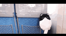 a black and white stuffed animal is hanging from a chain next to a sign that says 13