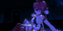 a cartoon character with a flower on her head is laying down in a dark room
