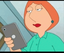 lois griffin from the family guy is holding a cell phone in her hand .