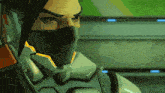 a close up of a person wearing a mask with the number 0 on it