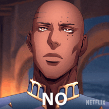 a cartoon of a bald man with the word no on his chest